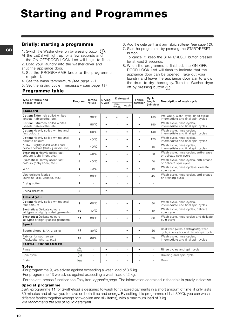 Starting and programmes, Programme table briefly: starting a programme | Indesit IWDE12 User Manual | Page 10 / 20