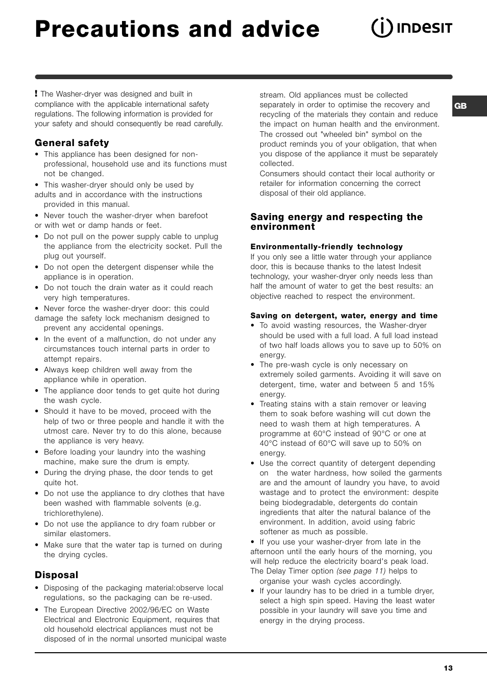 Precautions and advice, General safety, Disposal | Saving energy and respecting the environment | Indesit IWDE12 User Manual | Page 13 / 20
