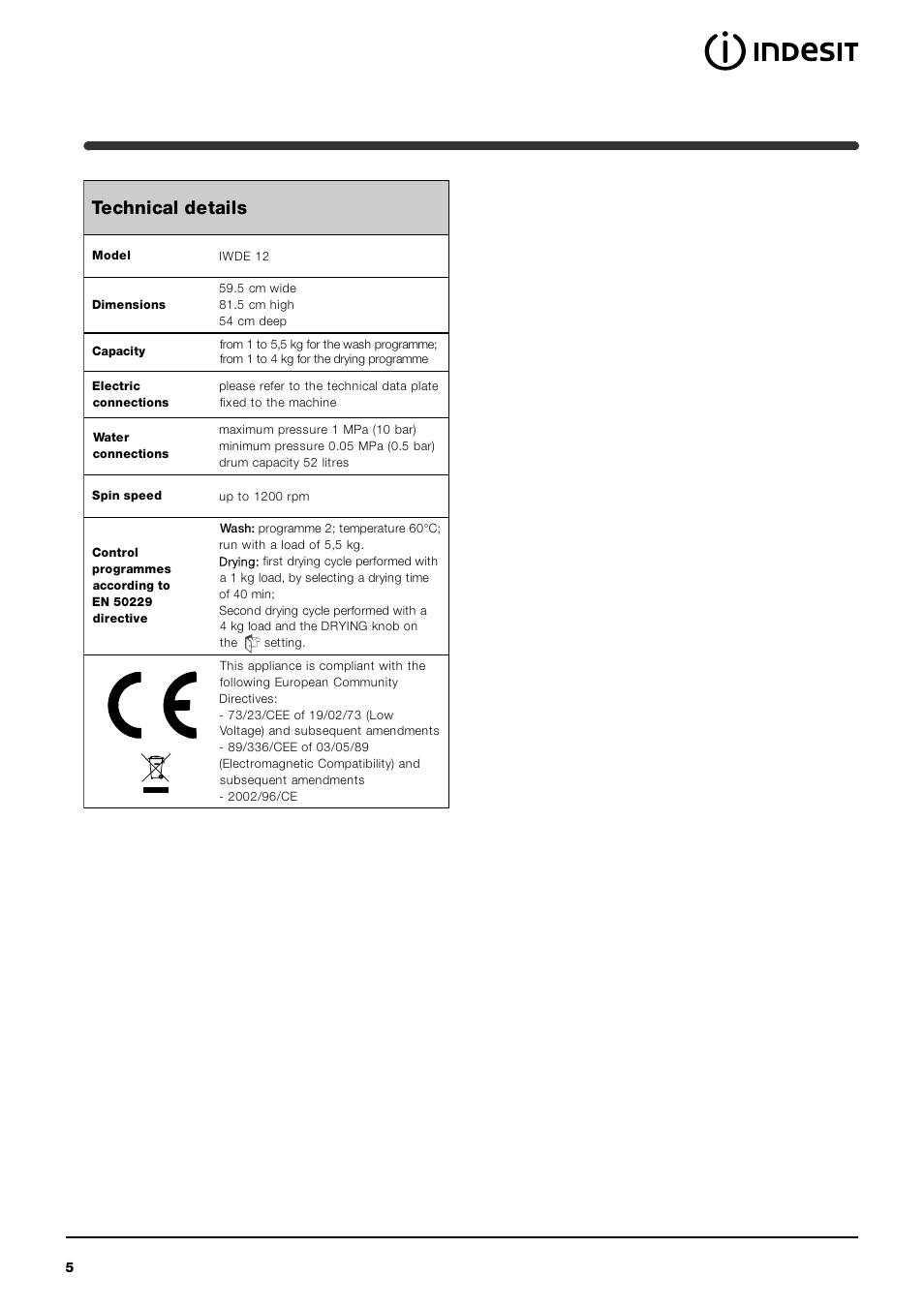 Technical details | Indesit IWDE12 User Manual | Page 5 / 20