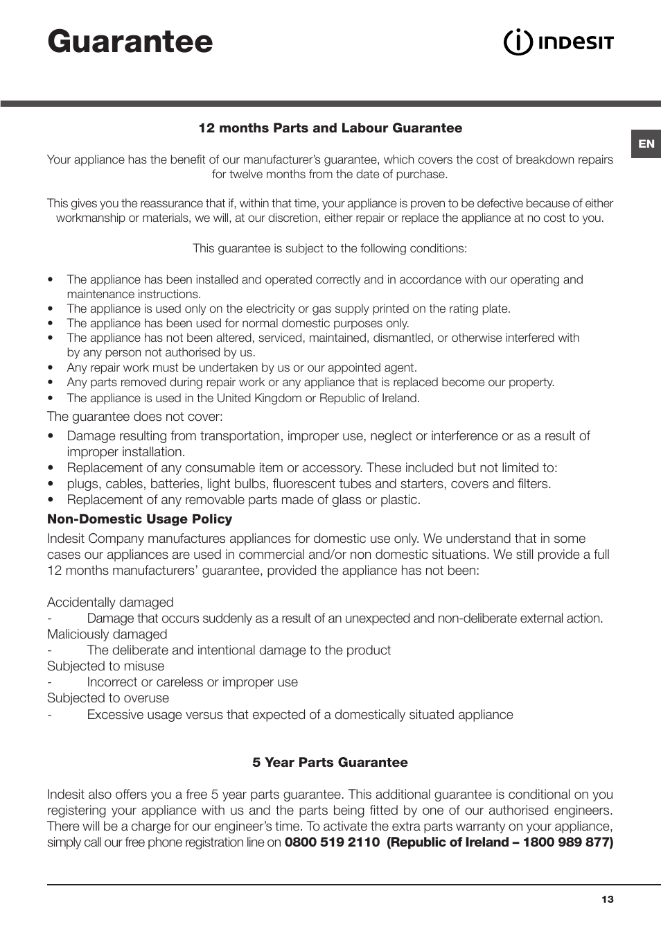 Guarantee | Indesit IDC75 User Manual | Page 13 / 16