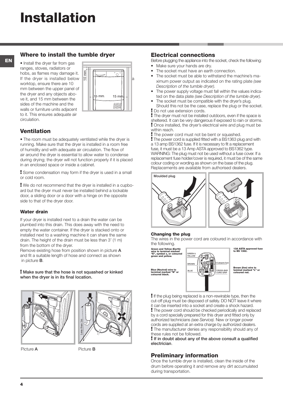 Installation, Where to install the tumble dryer, Ventilation | Electrical connections, Preliminary information | Indesit IDC75 User Manual | Page 4 / 16