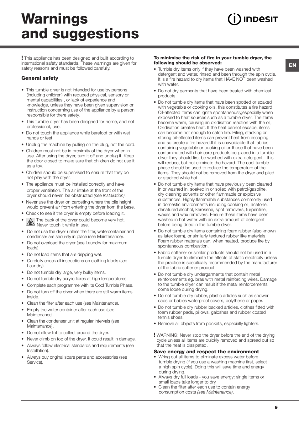 Warnings and suggestions | Indesit IDC75 User Manual | Page 9 / 16