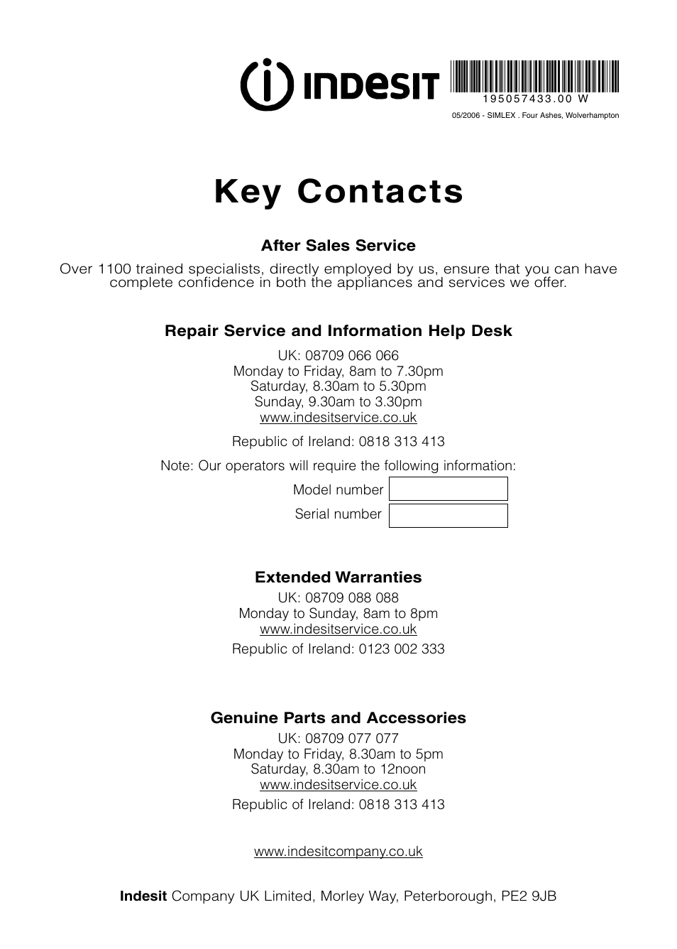 Key contacts | Indesit IS31VU User Manual | Page 16 / 16