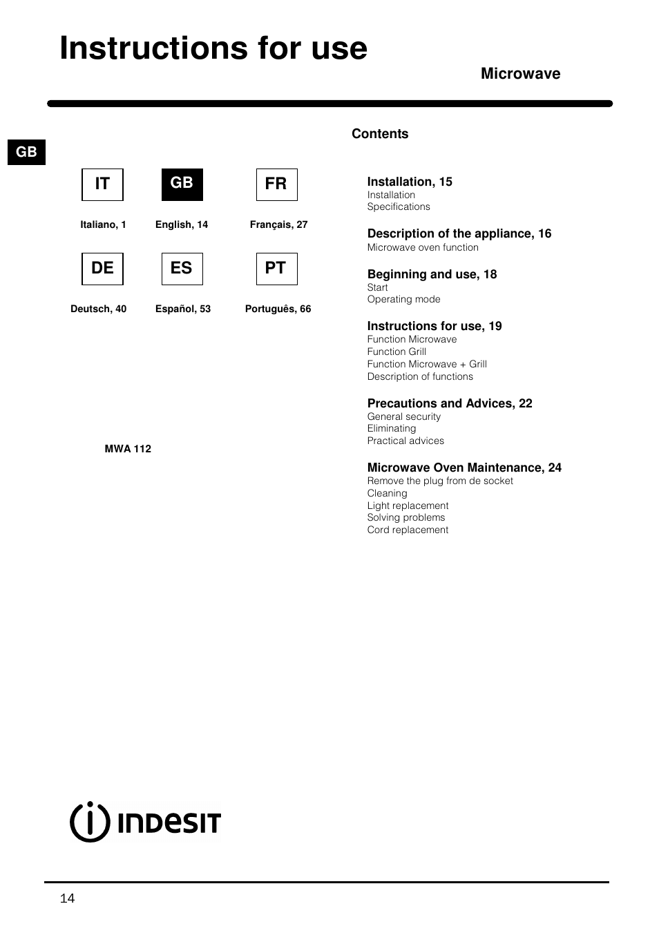 Instructions for use, Fr de es pt, Microwave | Indesit MWI121X User Manual | Page 14 / 80