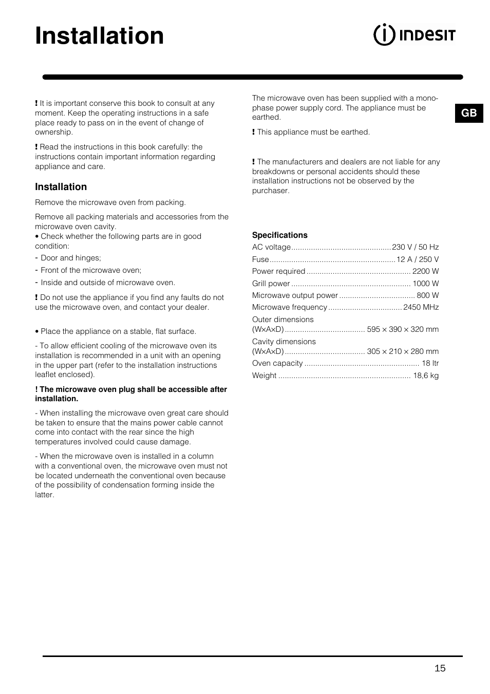 Installation | Indesit MWI121X User Manual | Page 15 / 80