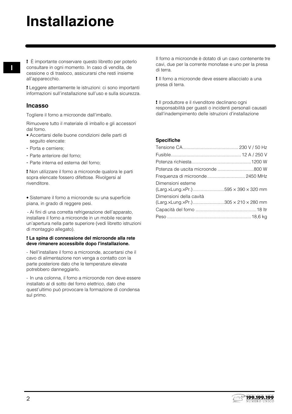 Installazione | Indesit MWI121X User Manual | Page 2 / 80