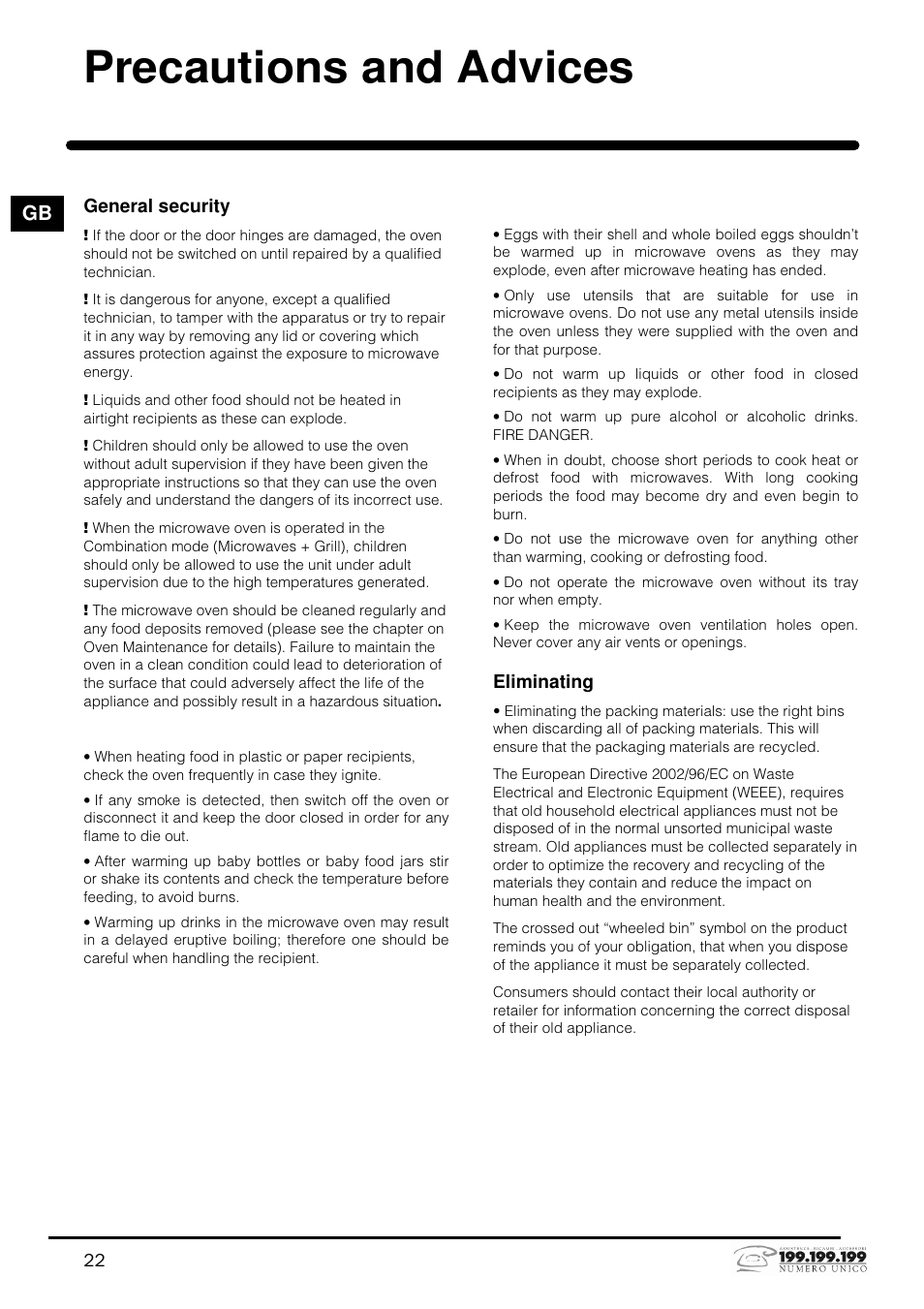 Precautions and advices | Indesit MWI121X User Manual | Page 22 / 80