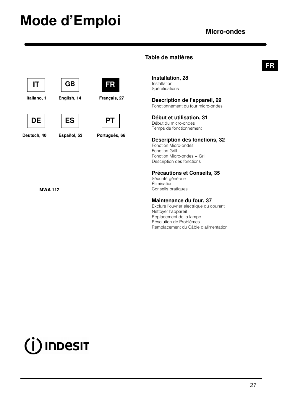 Mode d’emploi, Fr de es pt, Micro-ondes | Indesit MWI121X User Manual | Page 27 / 80