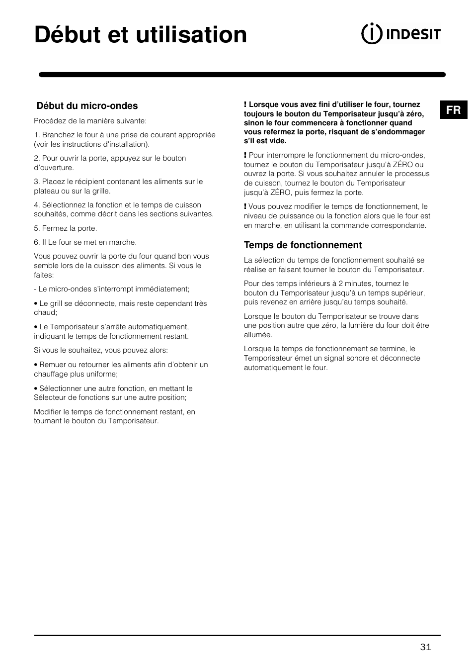 Début et utilisation | Indesit MWI121X User Manual | Page 31 / 80