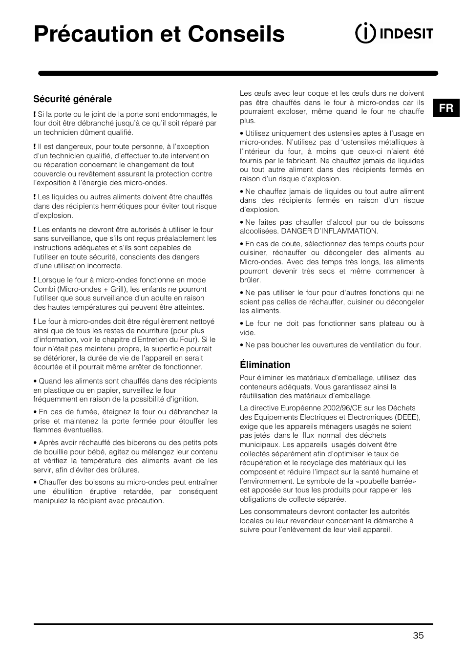 Précaution et conseils | Indesit MWI121X User Manual | Page 35 / 80