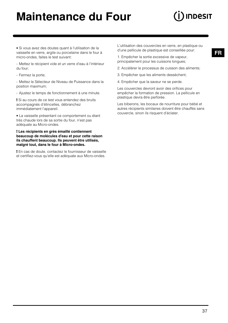 Maintenance du four | Indesit MWI121X User Manual | Page 37 / 80