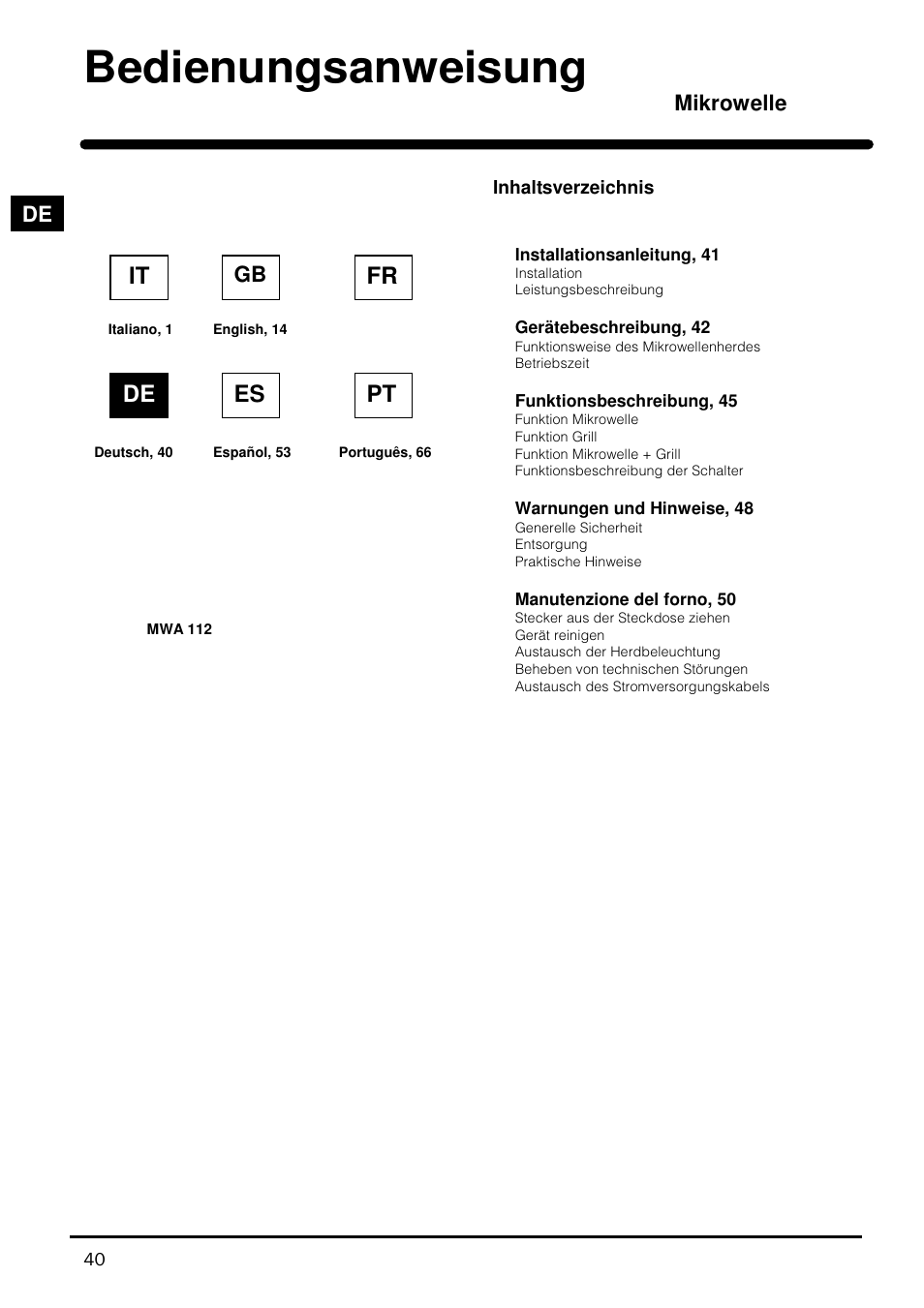 Bedienungsanweisung, Fr de es pt, Mikrowelle | Indesit MWI121X User Manual | Page 40 / 80