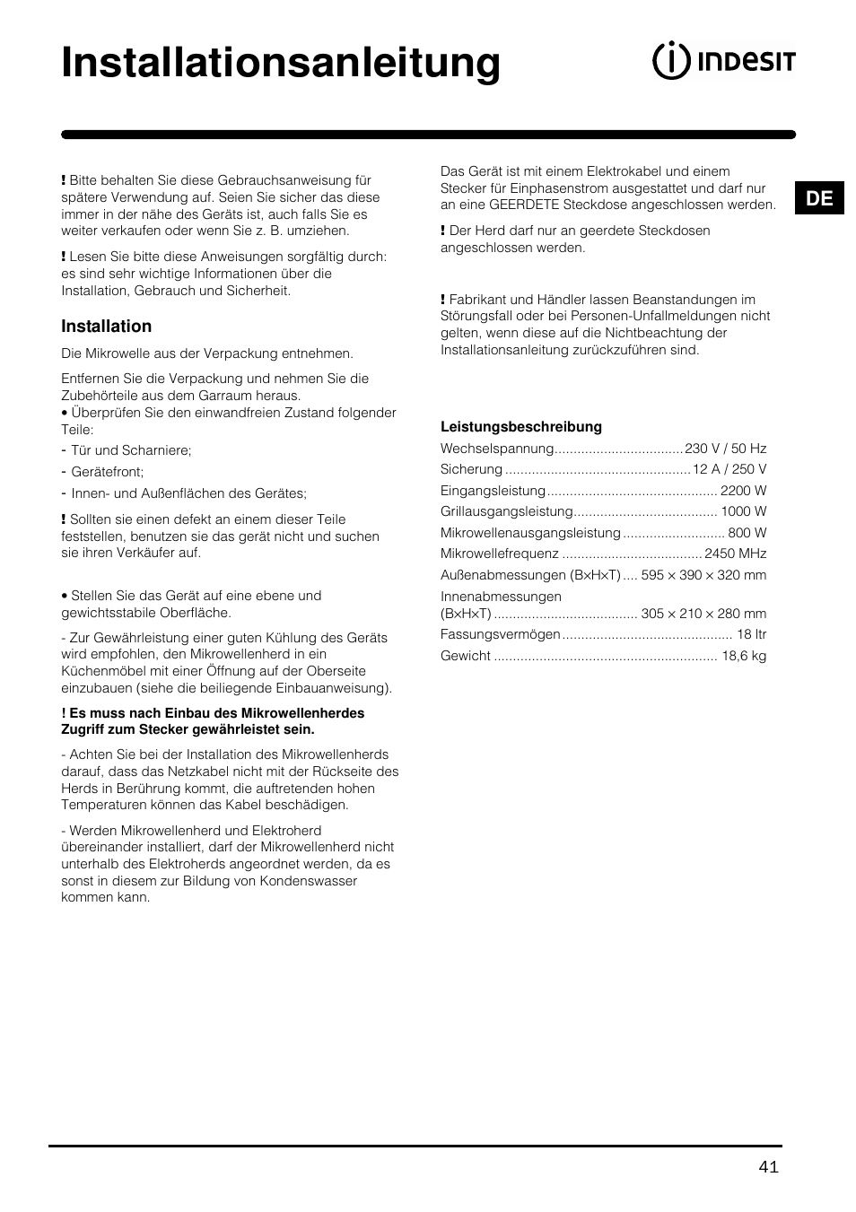 Installationsanleitung | Indesit MWI121X User Manual | Page 41 / 80