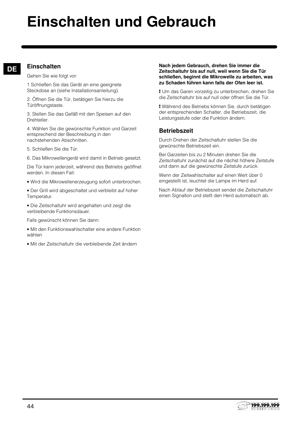 Einschalten und gebrauch | Indesit MWI121X User Manual | Page 44 / 80