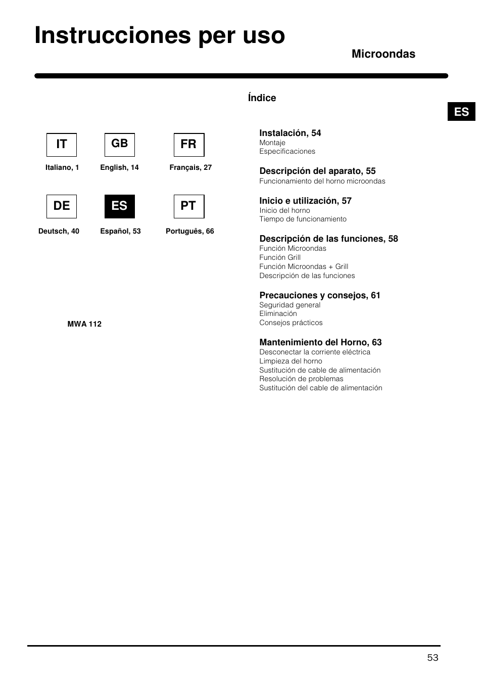 Instrucciones per uso, Fr de es pt, Microondas | Indesit MWI121X User Manual | Page 53 / 80