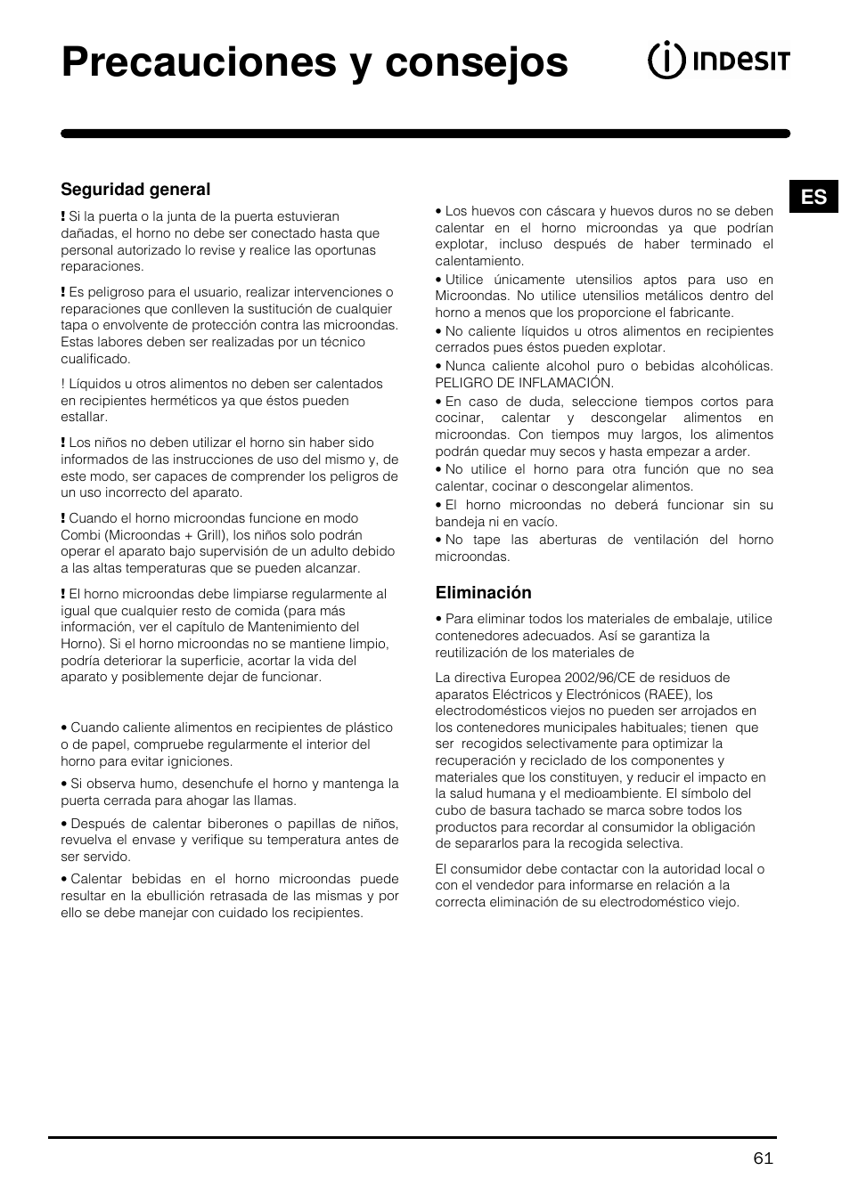 Precauciones y consejos | Indesit MWI121X User Manual | Page 61 / 80