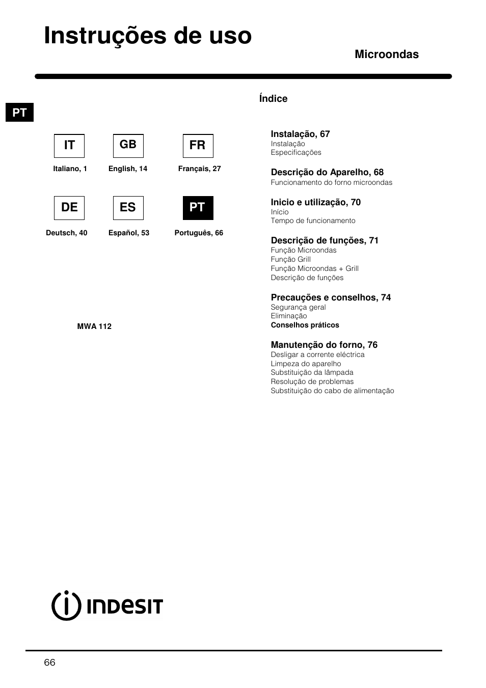 Instruções de uso, Fr de es pt, Microondas | Indesit MWI121X User Manual | Page 66 / 80