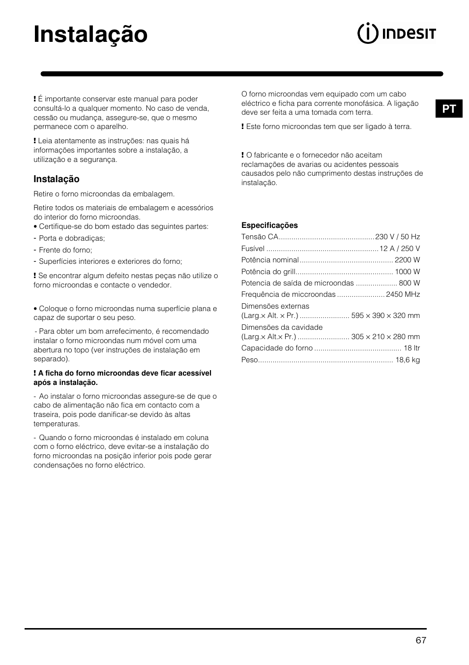 Instalação | Indesit MWI121X User Manual | Page 67 / 80