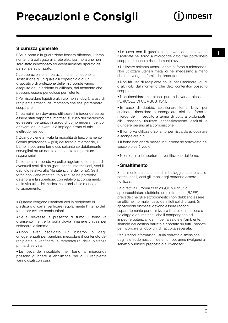 Precauzioni e consigli | Indesit MWI121X User Manual | Page 9 / 80