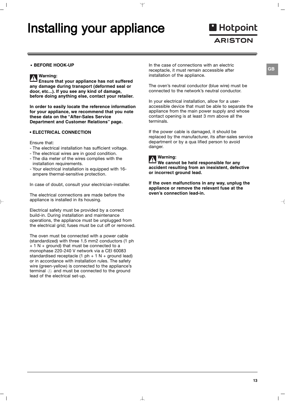 Installing y your a appliance | Indesit MWI212IXUK User Manual | Page 13 / 54