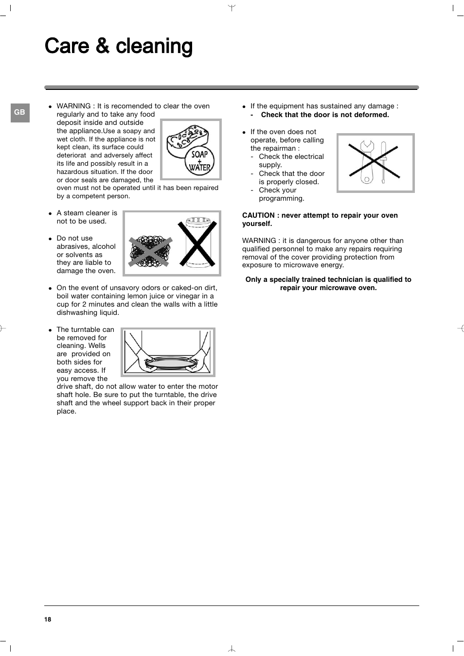 Care & & c cleaning | Indesit MWI212IXUK User Manual | Page 18 / 54