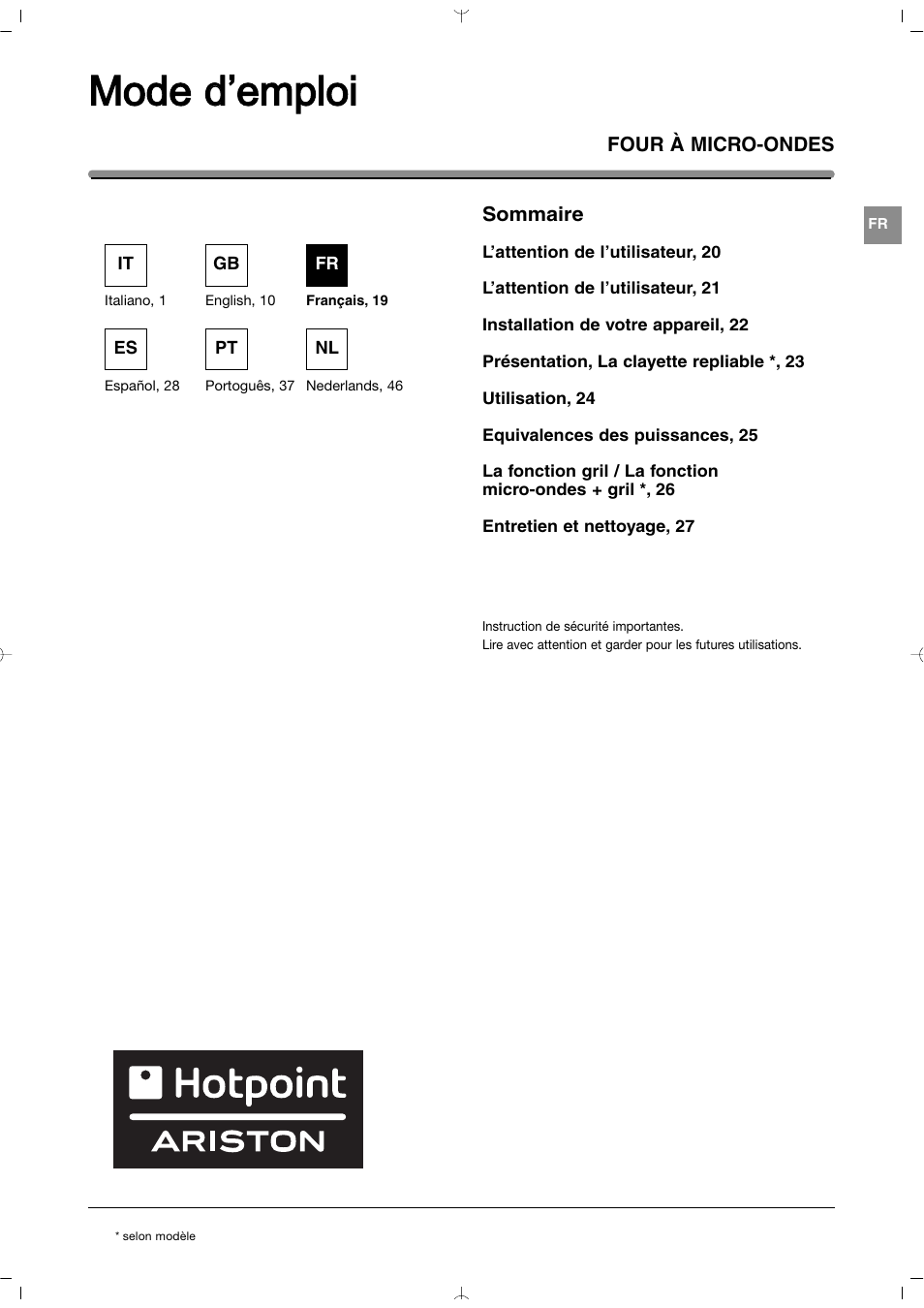 Mode d d’emploi | Indesit MWI212IXUK User Manual | Page 19 / 54