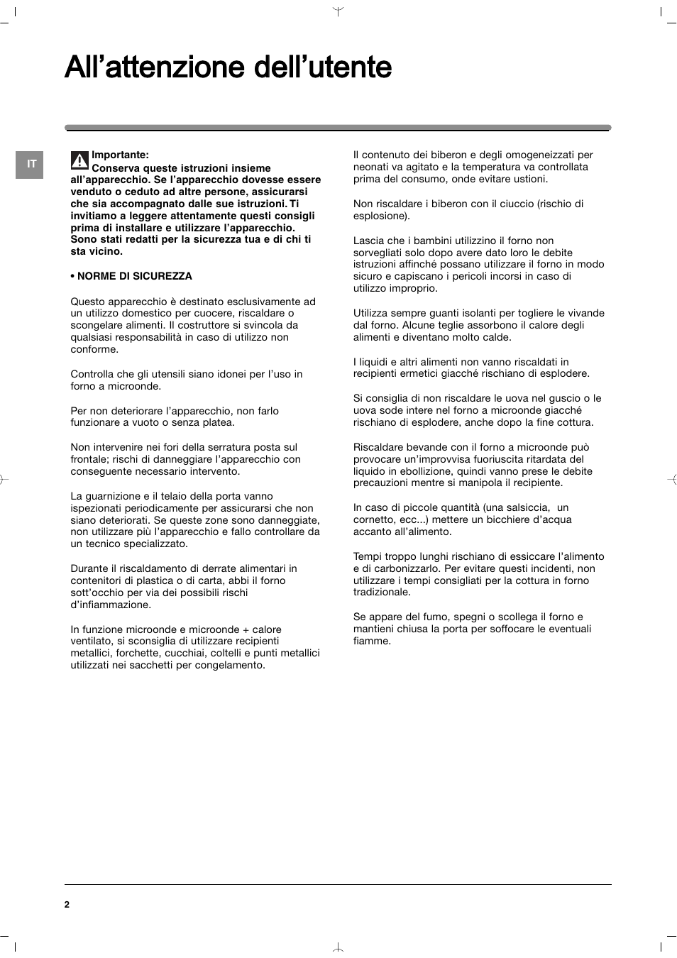 All’attenzione d dell’utente | Indesit MWI212IXUK User Manual | Page 2 / 54