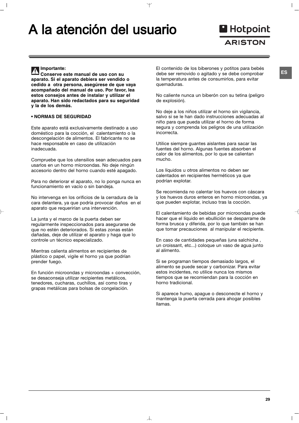 A lla a atención d del u usuario | Indesit MWI212IXUK User Manual | Page 29 / 54