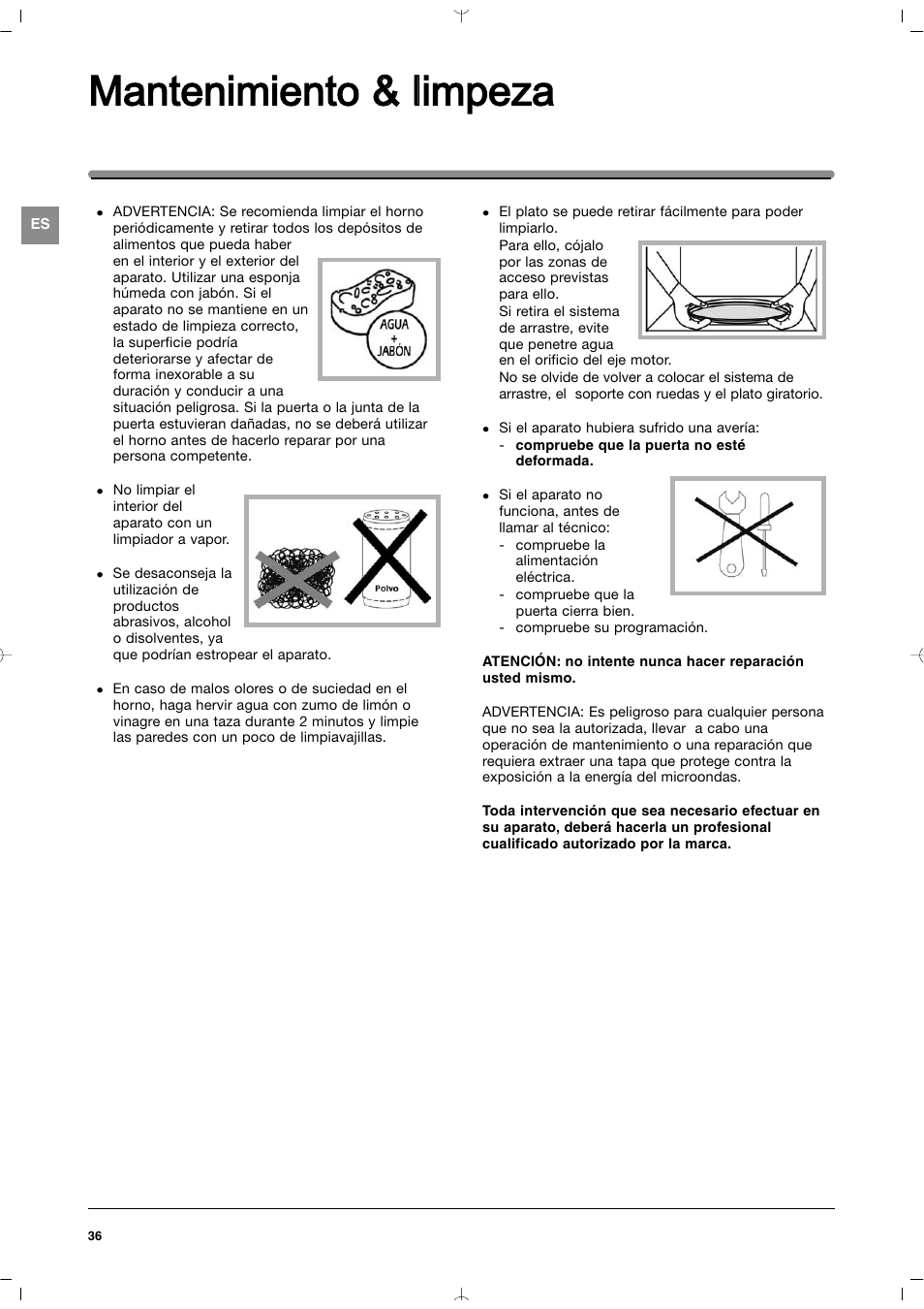 Mantenimiento & & llimpeza | Indesit MWI212IXUK User Manual | Page 36 / 54