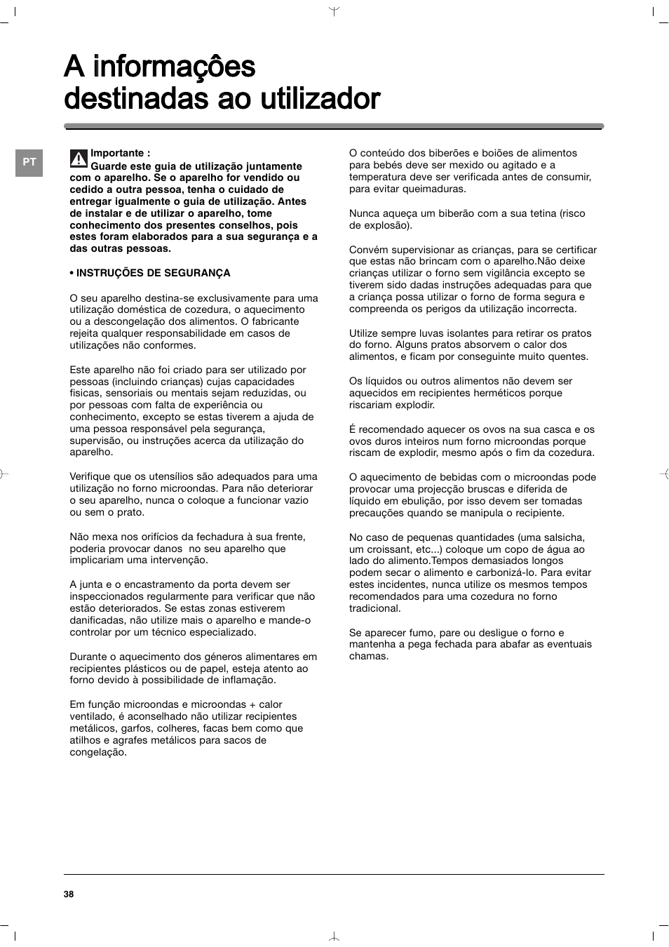 A iinformaçôes destinadas a ao u utilizador | Indesit MWI212IXUK User Manual | Page 38 / 54