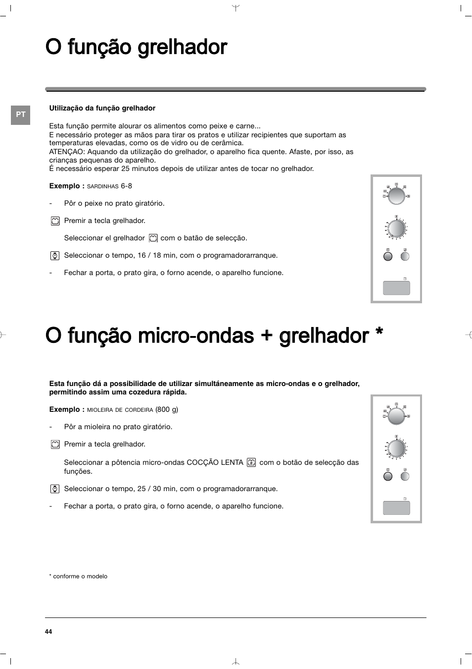 O ffunção g grelhador, O ffunção m micro-o ondas + + g grelhador | Indesit MWI212IXUK User Manual | Page 44 / 54