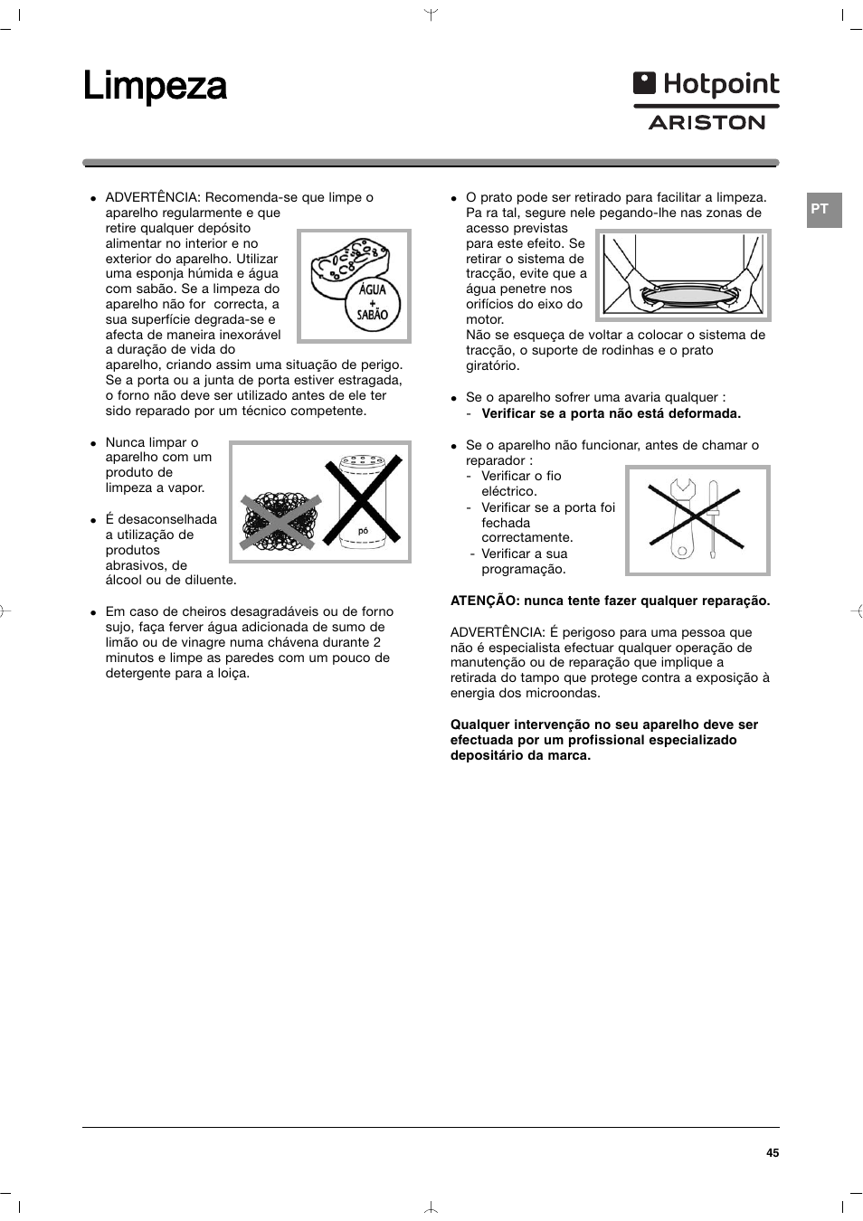 Limpeza | Indesit MWI212IXUK User Manual | Page 45 / 54