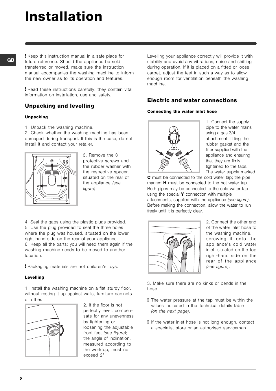 Installation, Unpacking and levelling, Electric and water connections | Indesit WIL113 3 screws User Manual | Page 2 / 16