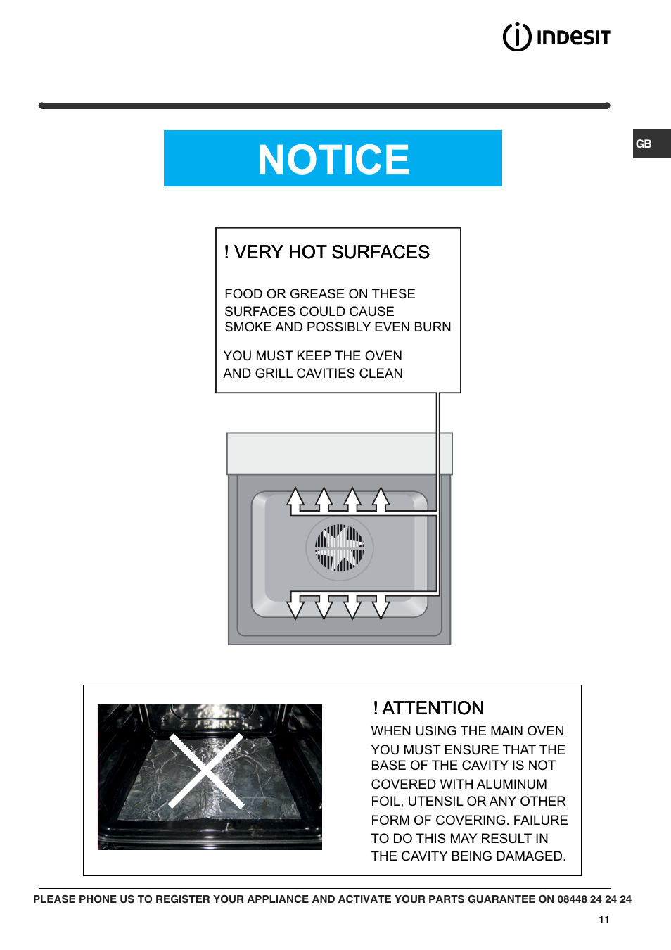 Very hot surfaces, Attention, Attention ! very hot surfaces ! very hot surfaces | Indesit FIM73KC-AIXGB models after June 2012 User Manual | Page 11 / 16
