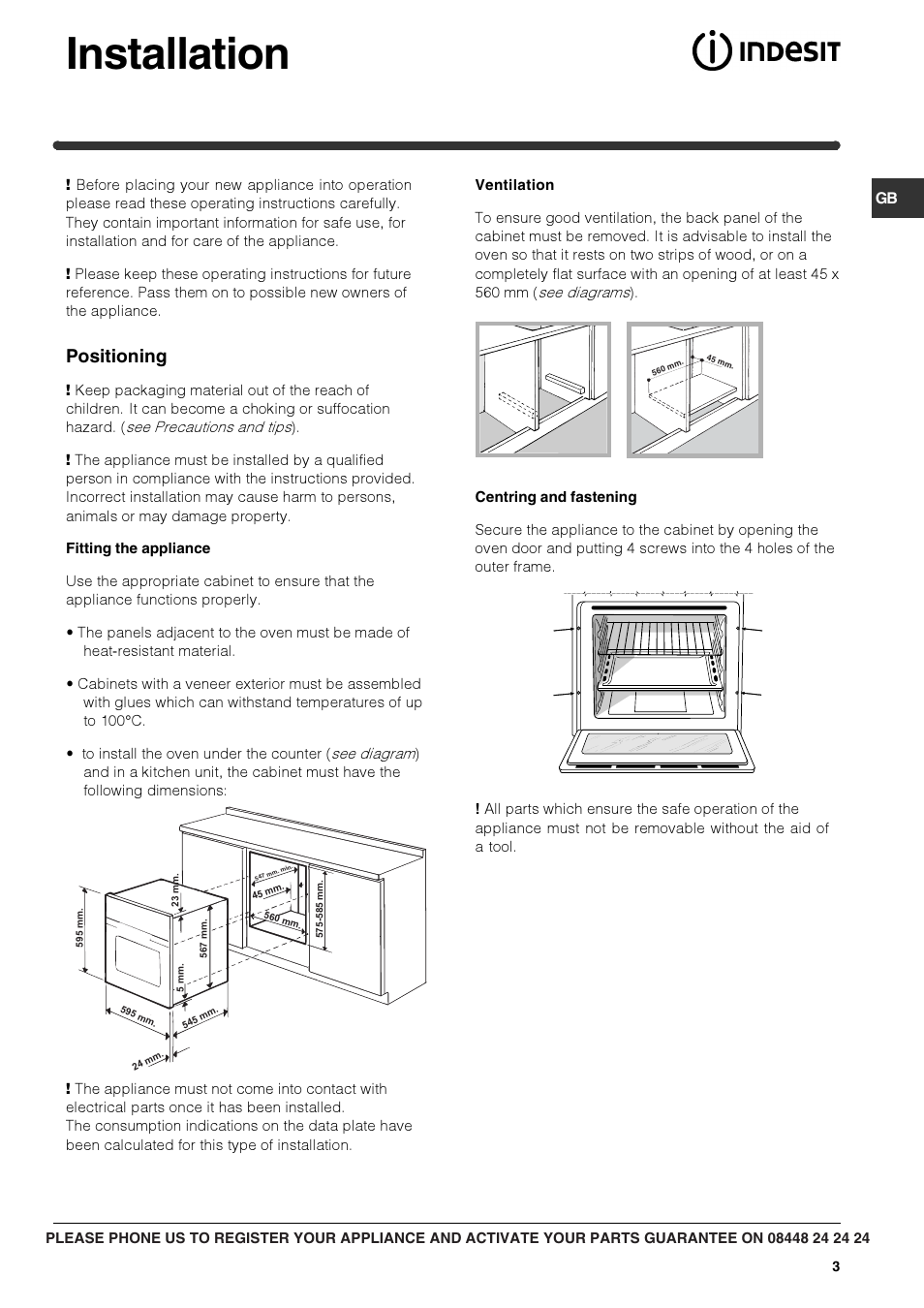Installation, Positioning | Indesit FIM73KC-AIXGB models after June 2012 User Manual | Page 3 / 16