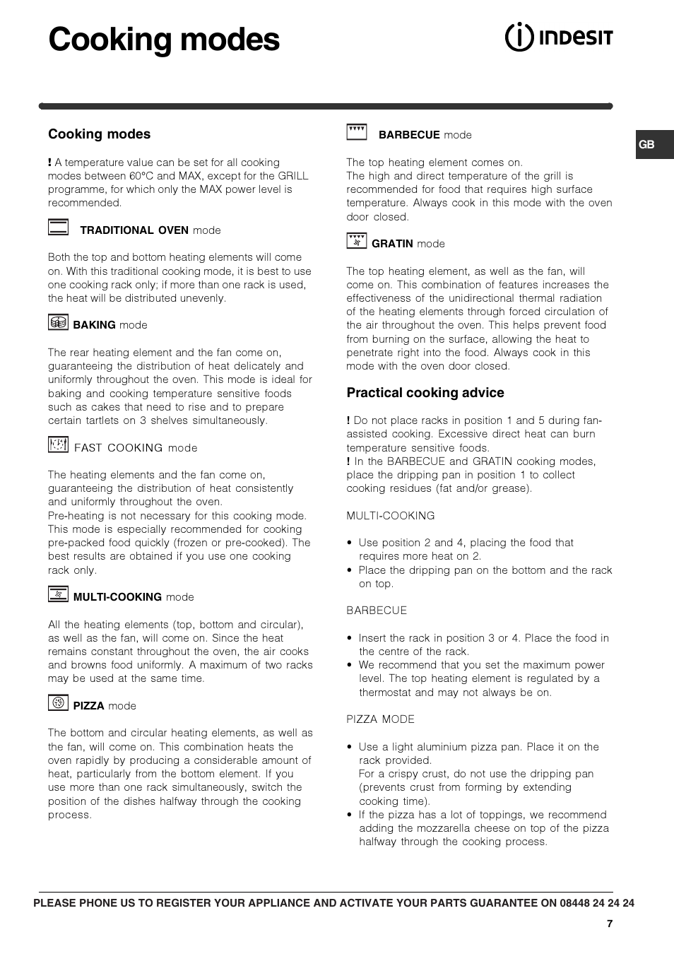 Cooking modes | Indesit FIM73KC-AIXGB models after June 2012 User Manual | Page 7 / 16
