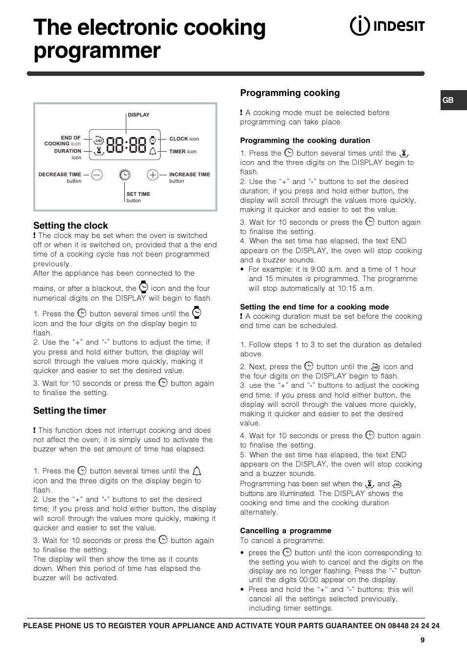 The electronic cooking programmer, Setting the clock, Setting the timer | Programming cooking | Indesit FIM73KC-AIXGB models after June 2012 User Manual | Page 9 / 16
