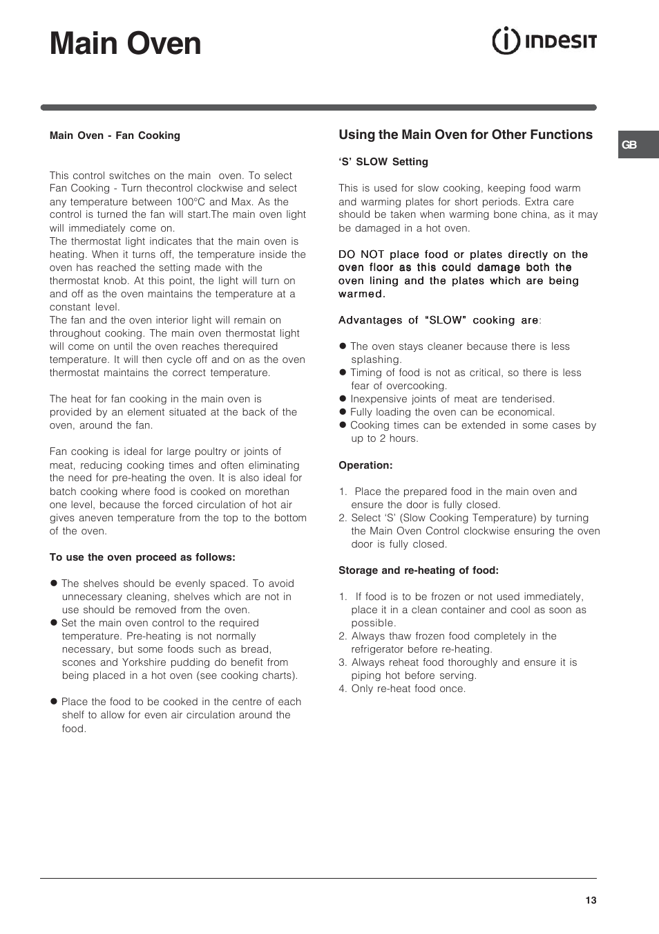 Main oven | Indesit KD3C3W-G User Manual | Page 13 / 24
