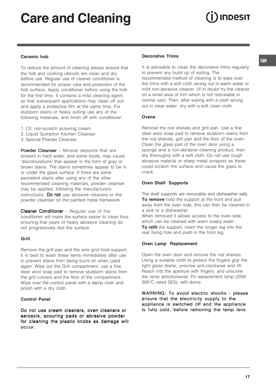 Care and cleaning | Indesit KD3C3W-G User Manual | Page 17 / 24