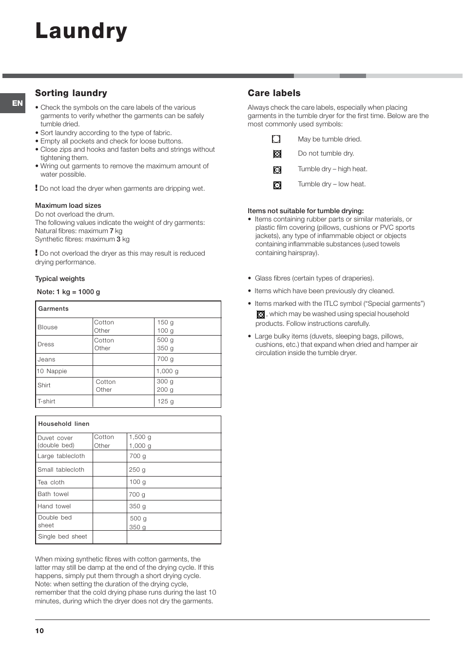 Laundry, Sorting laundry, Care labels | Indesit IDVA735 User Manual | Page 10 / 20