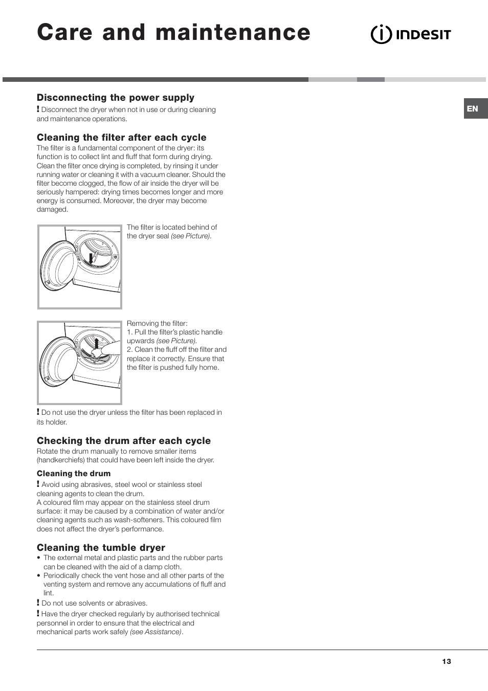 Care and maintenance | Indesit IDVA735 User Manual | Page 13 / 20