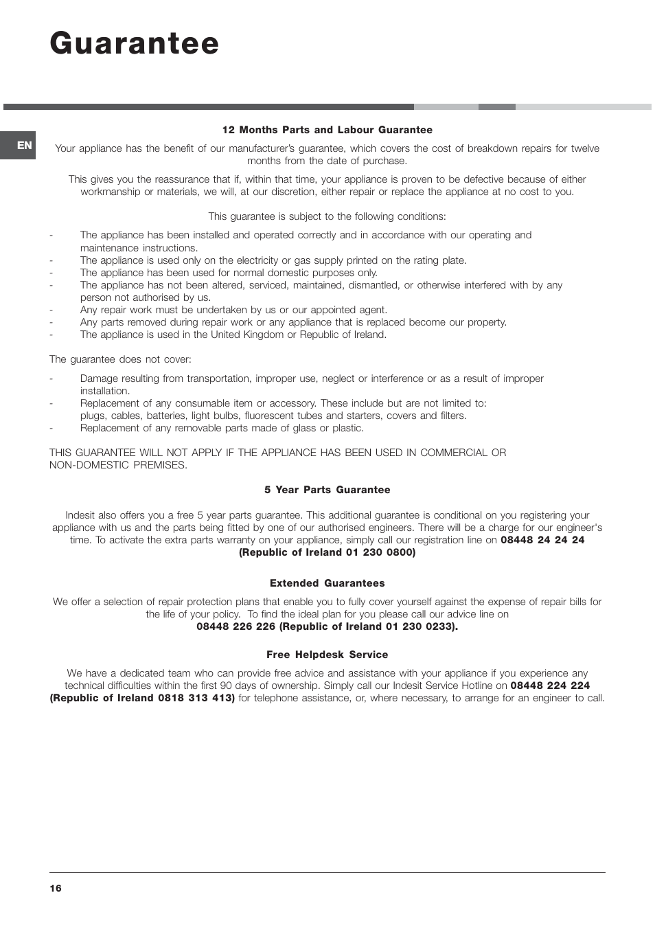 Guarantee | Indesit IDVA735 User Manual | Page 16 / 20