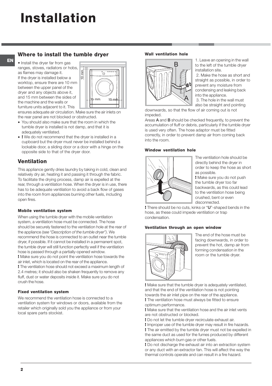 Installation, Where to install the tumble dryer, Ventilation | Indesit IDVA735 User Manual | Page 2 / 20