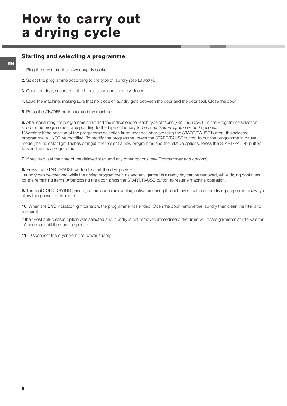 How to carry out a drying cycle | Indesit IDVA735 User Manual | Page 6 / 20
