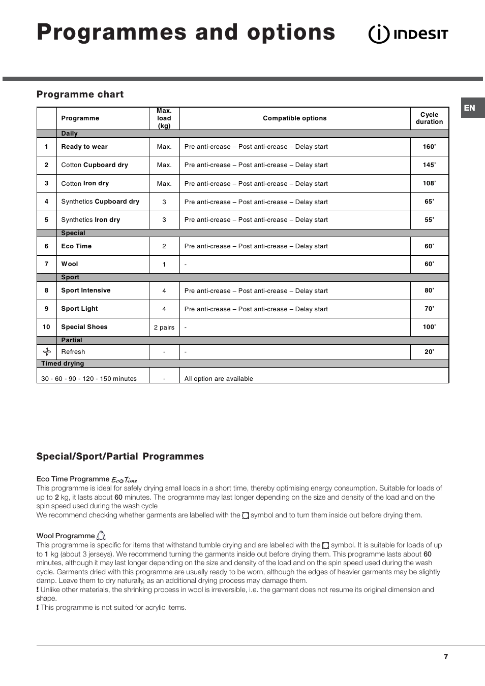 Programmes and options, Programme chart special/sport/partial programmes | Indesit IDVA735 User Manual | Page 7 / 20