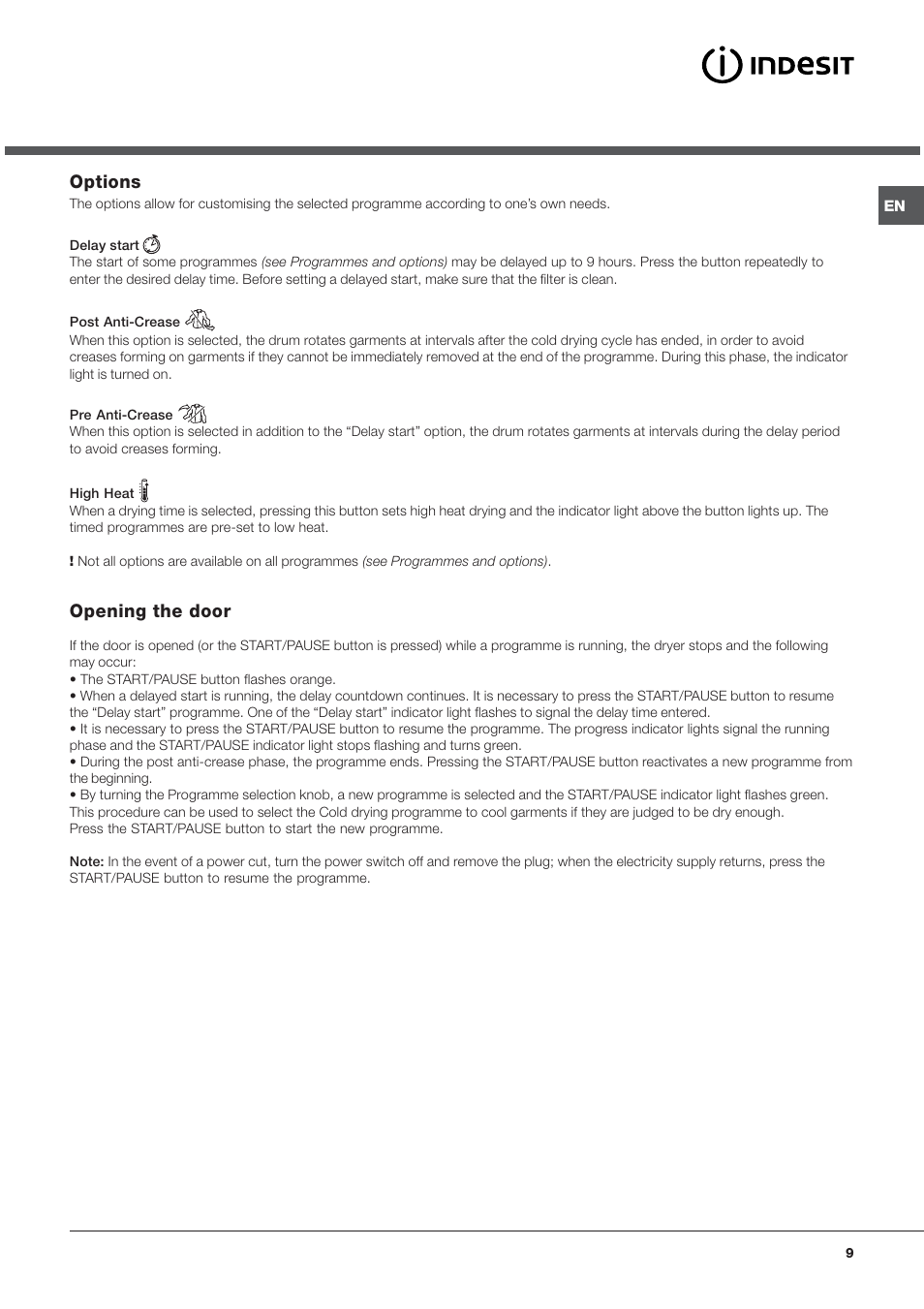 Options, Opening the door | Indesit IDVA735 User Manual | Page 9 / 20