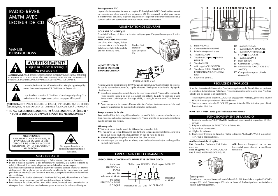 Avertissement, Radio-réveil am/fm avec lecteur de cd | Audiovox CD Alarm Clock User Manual | Page 3 / 6