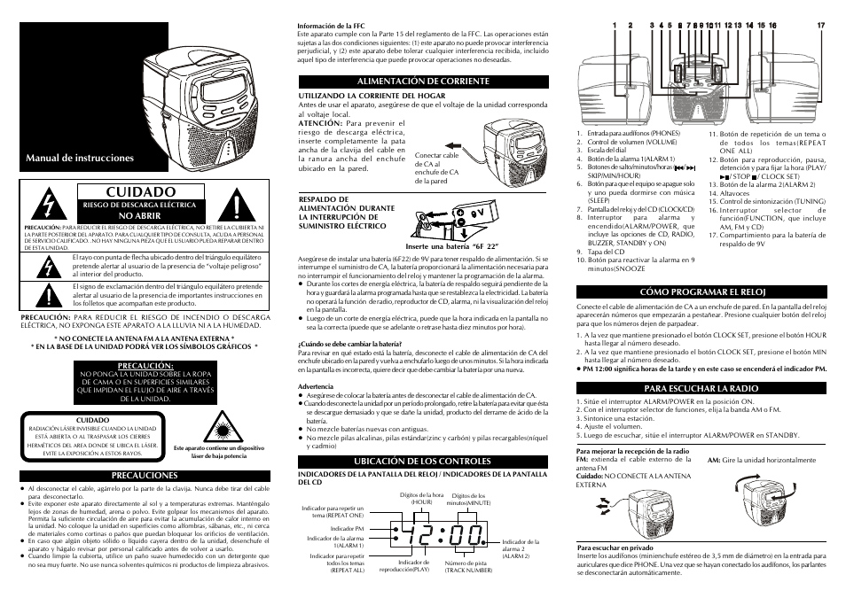 Cuidado, Manual de instrucciones | Audiovox CD Alarm Clock User Manual | Page 5 / 6