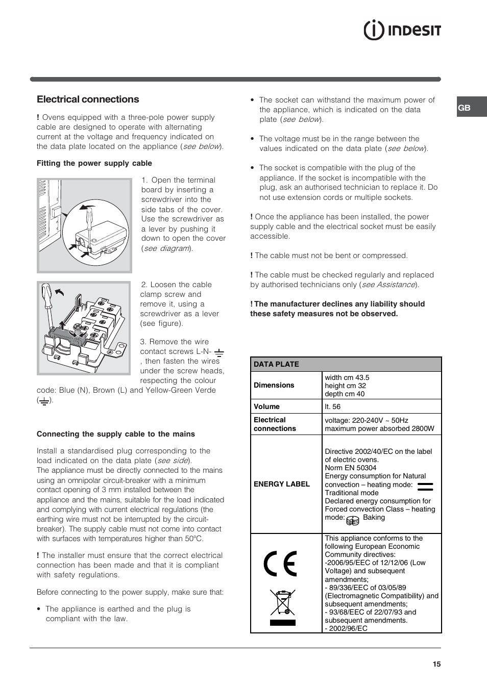 Electrical connections | Indesit FIE76GPK-AIX User Manual | Page 15 / 60