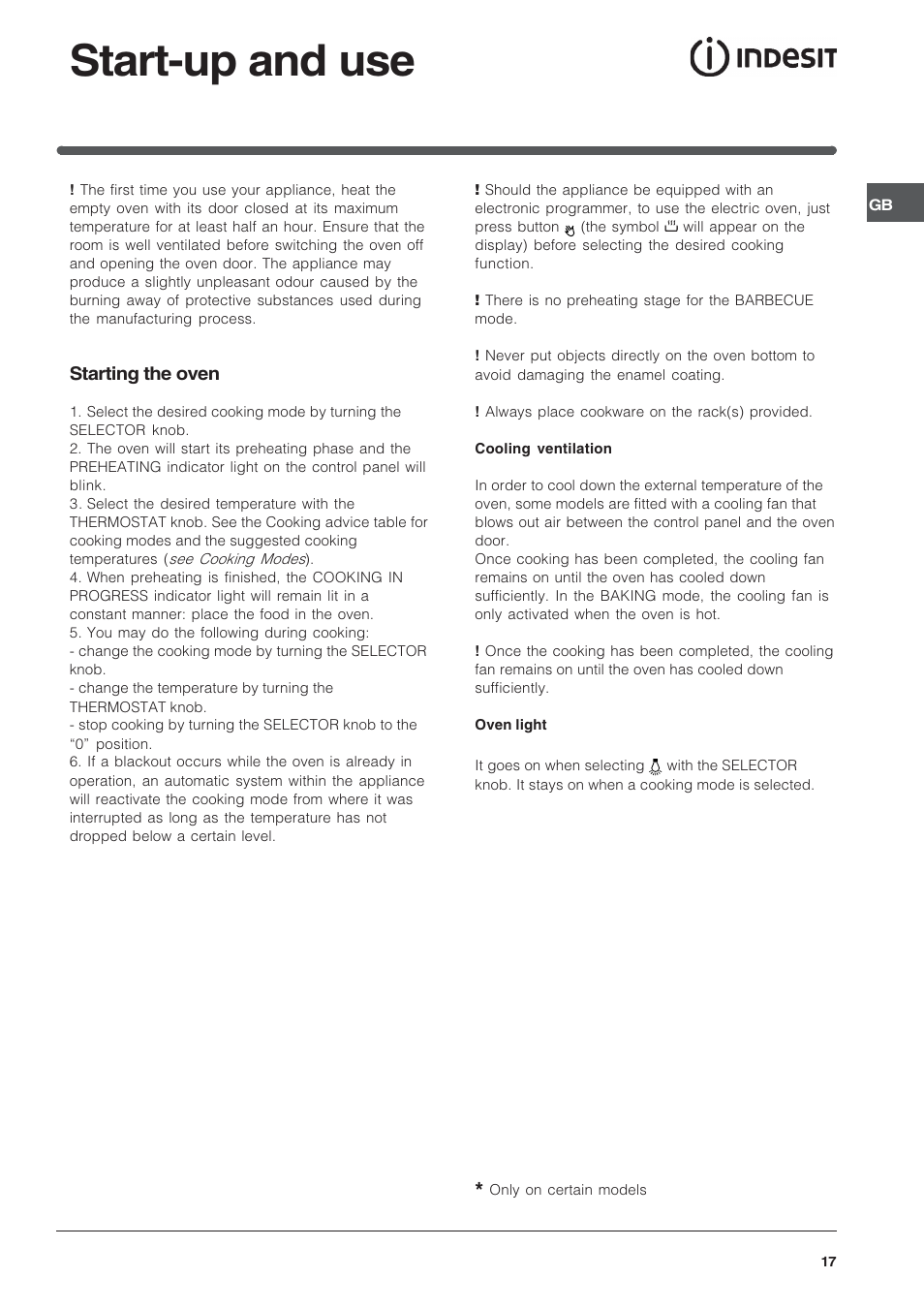 Start-up and use | Indesit FIE76GPK-AIX User Manual | Page 17 / 60